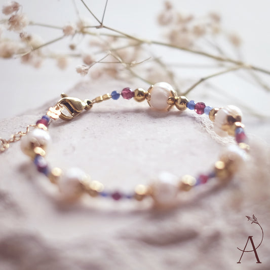 Stainless Steel Bracelet with Natural Pearls, Garnet & Sodalite