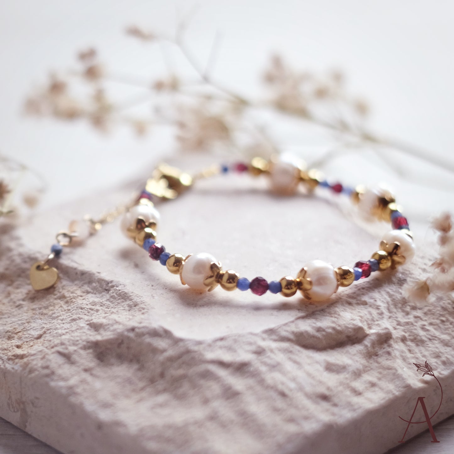 Stainless Steel Bracelet with Natural Pearls, Garnet & Sodalite