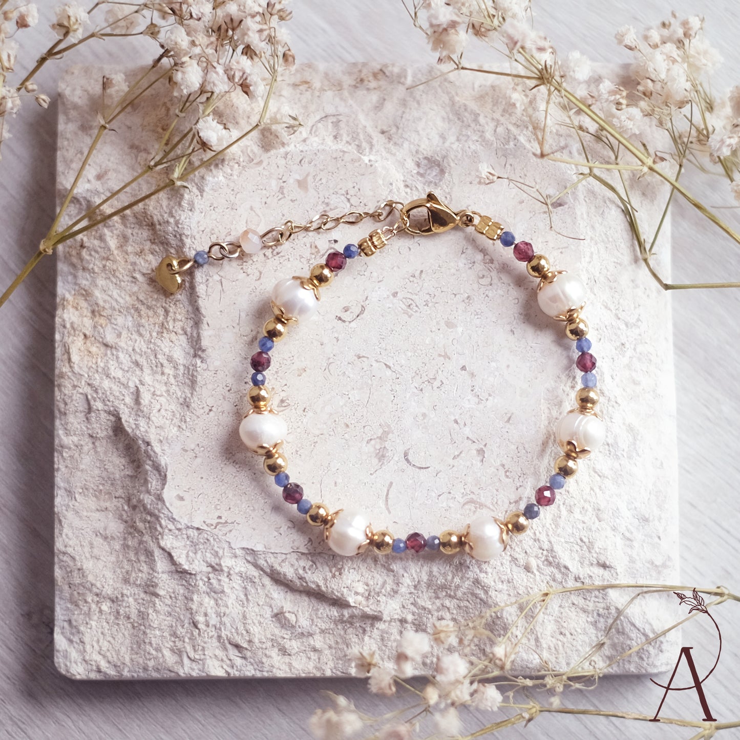 Stainless Steel Bracelet with Natural Pearls, Garnet & Sodalite